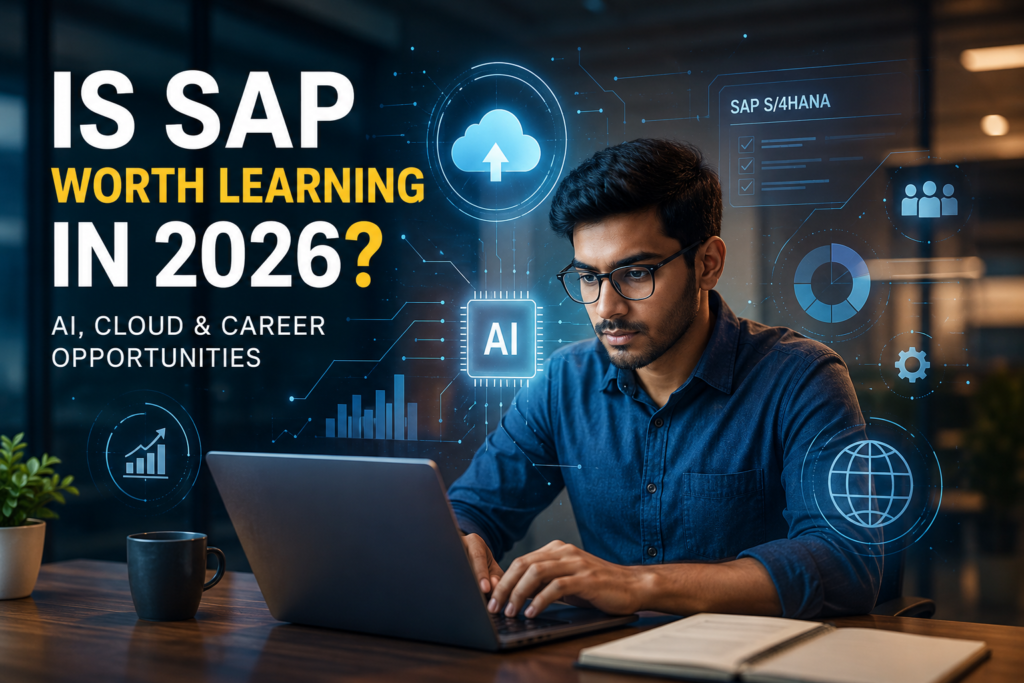 Professional working on SAP S/4HANA with AI, cloud computing, and digital transformation concepts representing SAP career opportunities in 2026.