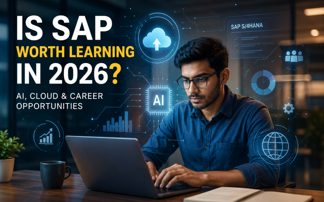 Professional working on SAP S/4HANA with AI, cloud computing, and digital transformation concepts representing SAP career opportunities in 2026.